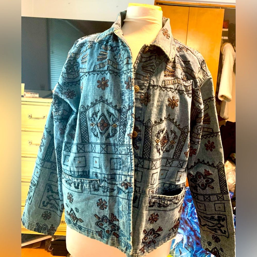 EUC - Chico’s Denim Blue Jacket With Black Beading Size 2 $229 sell $89
